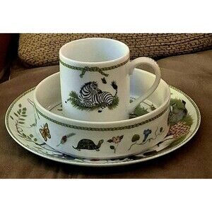 Vintage 1988 Lynn Chase Designs Japan Jungle Party Porcelain 3 Piece Child's Set